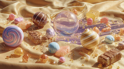 Luxurious Assorted Candies and Sweets on Golden Silk Fabric