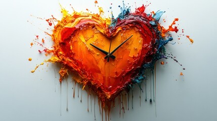 Abstract heart-shaped clock, vibrant colors, dripping paint