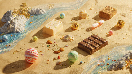 Beach Candy Paradise with Chocolate and Sweets by Ocean