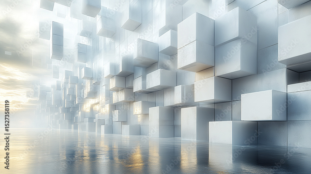 Poster cubic modules arranged in floating grid create serene and modern atmosphere