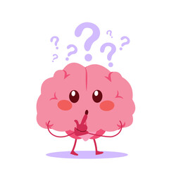 Cartoon vector illustration of a brain character with questions in the background, representing doubt, confusion or indecision