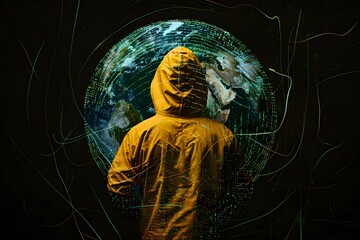 glowing lines of code wrapping around Earth in a dark background, concept of global digital infrastructure
