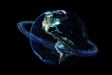 glowing lines of code wrapping around Earth in a dark background, concept of global digital infrastructure

