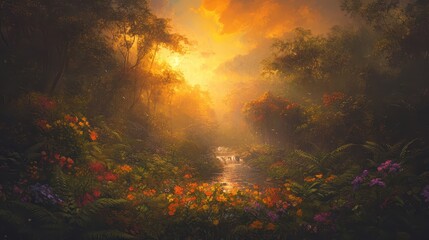 A Serene Landscape at Sunset: The Beauty of Nature with a Tranquil Stream Surrounded by Vibrant Flowers and Lush Greenery Illuminated by Golden Light
