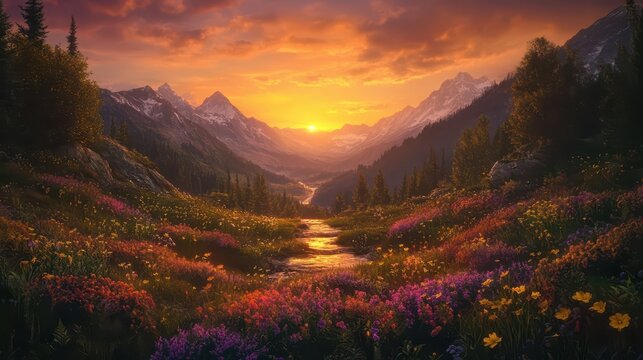 A Breathtaking Sunset Over a Vibrant Mountain Valley Filled with Colorful Wildflowers, Streams, and Lush Greenery, Bathed in Golden Light
