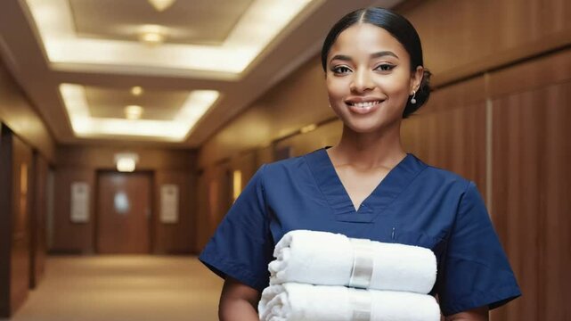 Friendly Healthcare Professional or Housekeeping Staff Smiling While Holding Clean Towels in Hospital Corridor, Hospitality and Medical Care