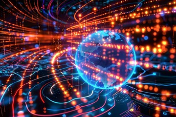 Obraz premium glowing lines of code wrapping around Earth in a dark background, concept of global digital infrastructure 