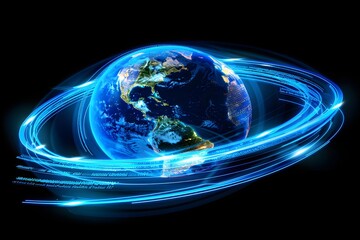 glowing lines of code wrapping around Earth in a dark background, concept of global digital infrastructure
