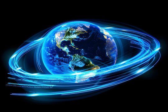 glowing lines of code wrapping around Earth in a dark background, concept of global digital infrastructure
