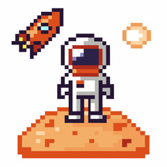 Pixel art astronaut on orange planet with spaceship and sun in space adventure theme
