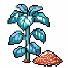 Fototapeta premium Pixel art plant and soil illustration retro digital style, blue leaves, pixel mound