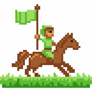 Fototapeta Pixel art knight green banner bearer on brown horse exploring adventure