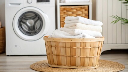 A laundry basket filled with folded towels next to a washing machine in a cozy laundry room.