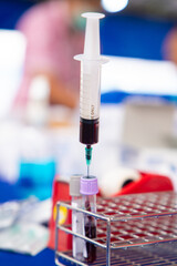 Close up blood sample for diagnosis and treatment patient in the hospital.Laboratory technician...