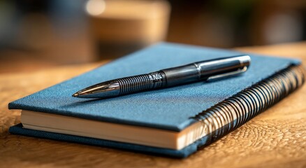 Blue Notebook and Pen on Wood: Ready to Write!