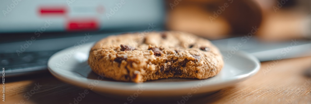 Poster Cookie Consent Pop-Up Window Appears Over Blurred Website Interface With Chocolate Chip Cookie on Plate and Laptop in Background