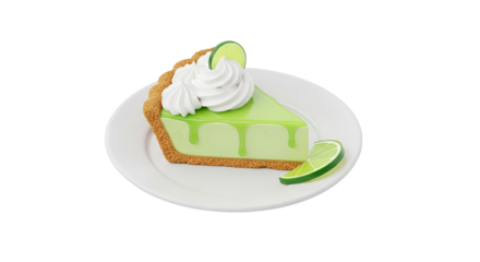 Slice of Key Lime Pie Delight: A mouthwatering piece of Key Lime Pie, crowned with whipped cream and lime garnish, inviting a sweet and tangy indulgence, presented on a pristine white plate