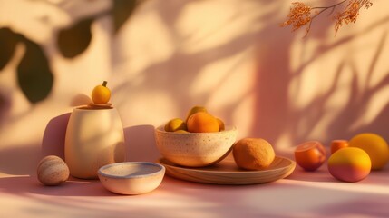 A Serene Still Life Composition Featuring Vibrant Citrus Fruits, Elegant Earthenware, and Gentle Shadows Against a Soft Pink Background
