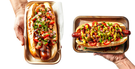 Hot dog with mustard, ketchup, bacon, isolated on white transparent background. Fast food concept.