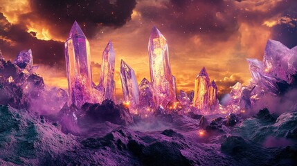 Obraz premium Crystal city in a fiery sunset. Vast, luminous crystals form a surreal, otherworldly landscape
