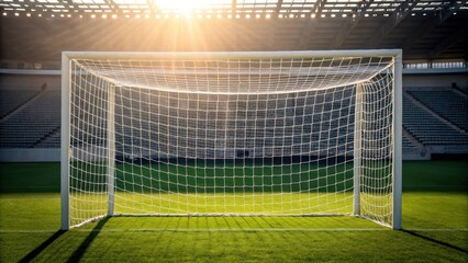 Fototapeta premium Soccer goal illuminated by sunlight in an empty stadium, showcasing a serene sports atmosphere.
