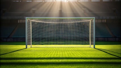 Fototapeta premium A soccer goal illuminated by sunlight on a lush green field in an empty stadium.