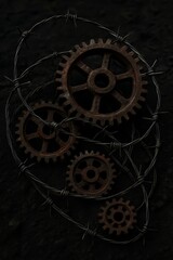 Obraz premium A collection of rusty gears entangled within a coil of barbed wire against a dark background