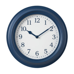 Classic round wall clock displaying time with blue frame against a plain background