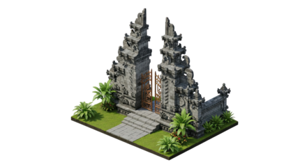 Majestic Balinese Gate Isometric View, A Blend of Stone Carvings, Lush Vegetation, and Architectural Grandeur, Perfect for Cultural, Travel, and Architectural Visualizations