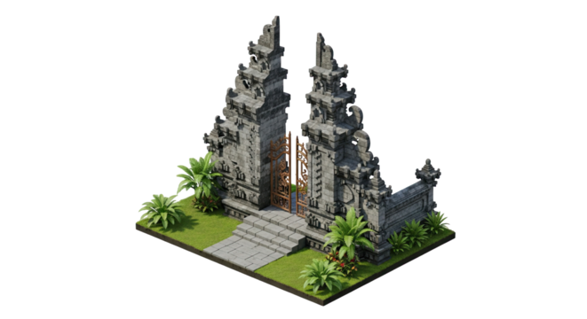 Majestic Balinese Gate Isometric View, A Blend of Stone Carvings, Lush Vegetation, and Architectural Grandeur, Perfect for Cultural, Travel, and Architectural Visualizations