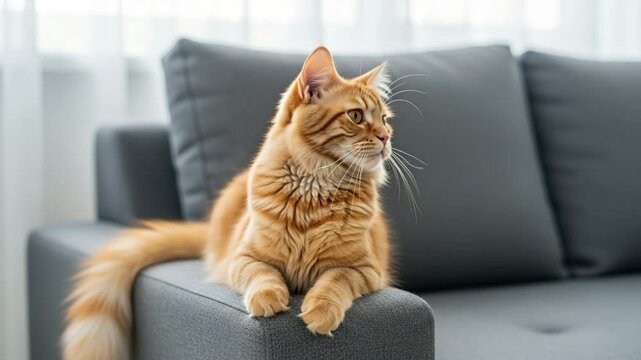 Elegant ginger cat lying and purring on gray sofa video

