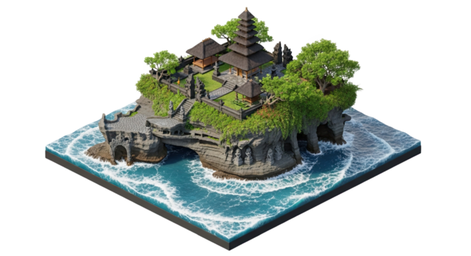 Exquisite Miniature Rendition of a Balinese Temple on a Rocky Island, Bathed in Sunlight and Surrounded by Azure Waters, Offering a Unique Perspective on Indonesian Heritage and Culture