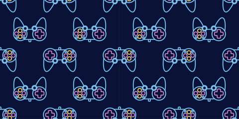 Vector neon glow game controller gamepad seamless pattern. Colored outline joystick element flat style on night dark background. Gamer device background