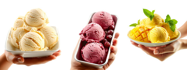 Hand holding Scoops of sweet and creamy cherry flavored pink ice cream isolated on white transparent background.