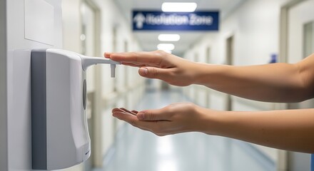 Hygiene in Healthcare: A person uses a hand sanitizer dispenser in a hospital setting, emphasizing cleanliness and infection control for optimal patient care.