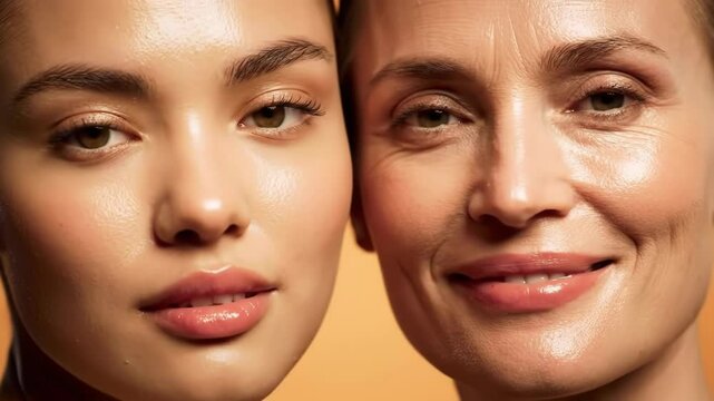 Close-up of two women's faces, showcasing different ages and skin textures.