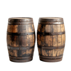 Obraz premium Two dark brown oak barrels for storing isolated on transparent background.