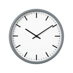 Minimalist wall clock with black hands and grey frame against a plain white background