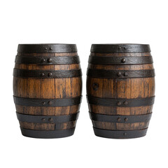 Two dark brown oak barrels for storing isolated on transparent background.