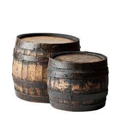 Obraz premium Two dark brown oak barrels for storing isolated on transparent background.