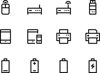 High-Quality Vector Icons Wireless Mouse, Router, USB, Smartphone, PC, Printer, Battery - EPS Download