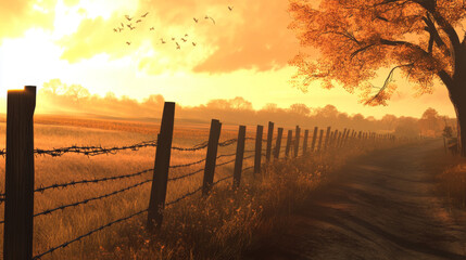 Dirt road and barbed wire fence in golden hour glow. Autumn field landscape with warm, soft light.