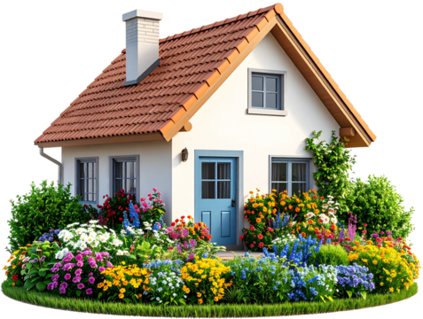  Simple Cottage House with Lush Garden, Transparent PNG 