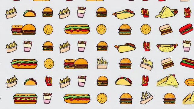 minimalist flat pattern of burgers, tacos, hot dogs, and milkshakes