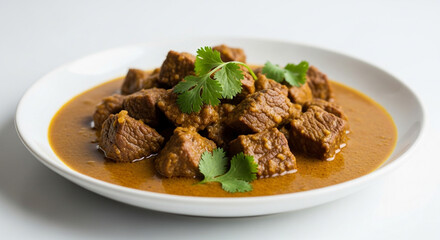 Authentic Indian or Malay Beef Curry with Tender Meat Chunks and Rich Gravy, Delicious Mutton Masala or Beef Stew Garnished with Fresh Cilantro