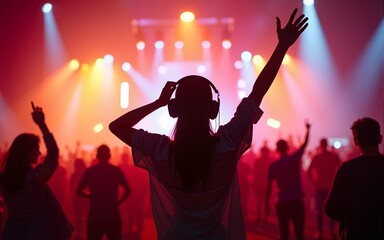 Young woman dancing and listening music with headphones at music festival. High quality