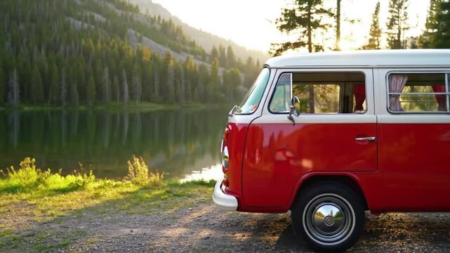Red vintage van parked near a lake with forest and mountains in the background during daytime outdoor travel scene.