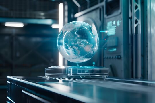 transparent globe of Earth floating above a high-tech device, holographic projection, minimal tech background

