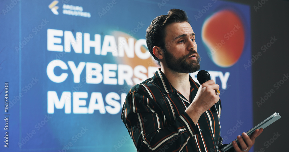 Aufkleber businessman, presentation or seminar with tablet or mic for speech or cybersecurity convention. man,