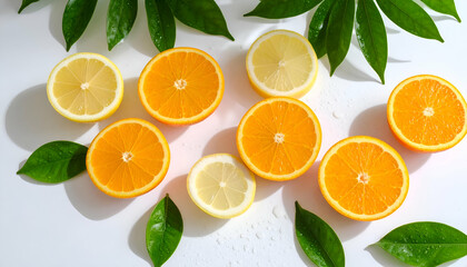 Freshly Sliced Oranges and Lemons Resting on Dewy Green Leaves